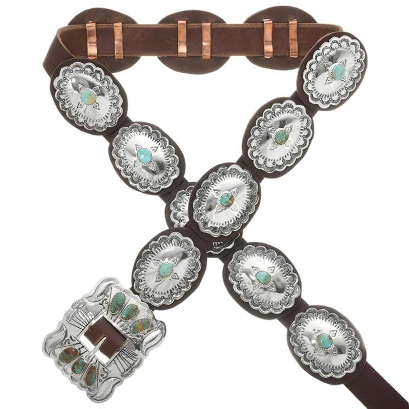 Navajo Route 66 Silver Concho Belt Nevada Turquoise Stones on Genuine Leather 0168 | Amazon (US)