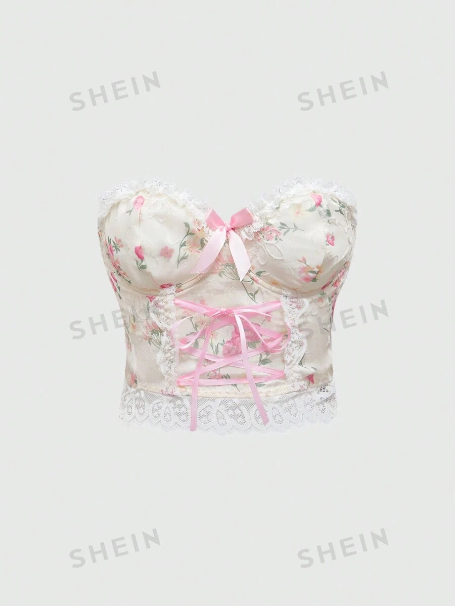 ROMWE Kawaii Sweetheart Neckline Floral Lace Crop Top With Bow Tie | SHEIN