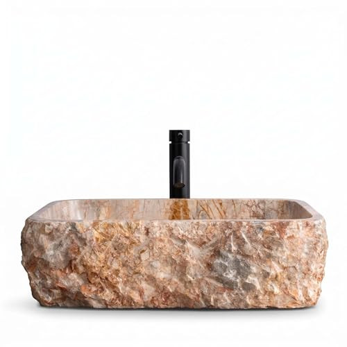 Hand-Carved from Solid Marble Vessel Sink – Rectangular Stone Sink with Raw Chiseled Exterior &... | Amazon (US)