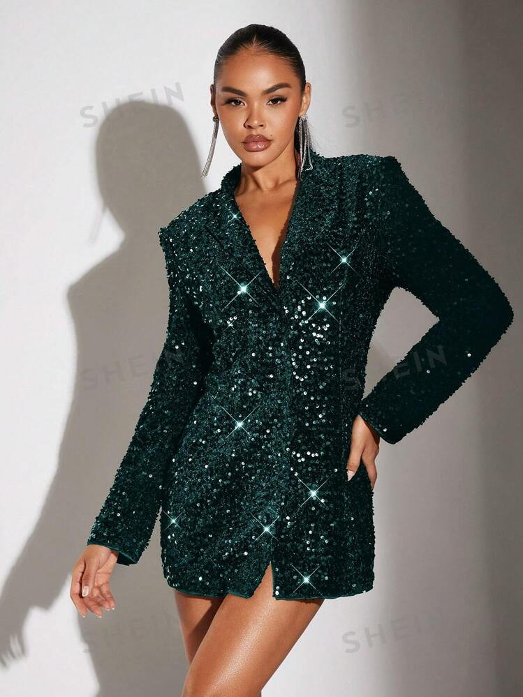 SHEIN BAE Women's Solid Color Stand Collar Sequin Embellished Long Sleeve Blazer, Autumn | SHEIN