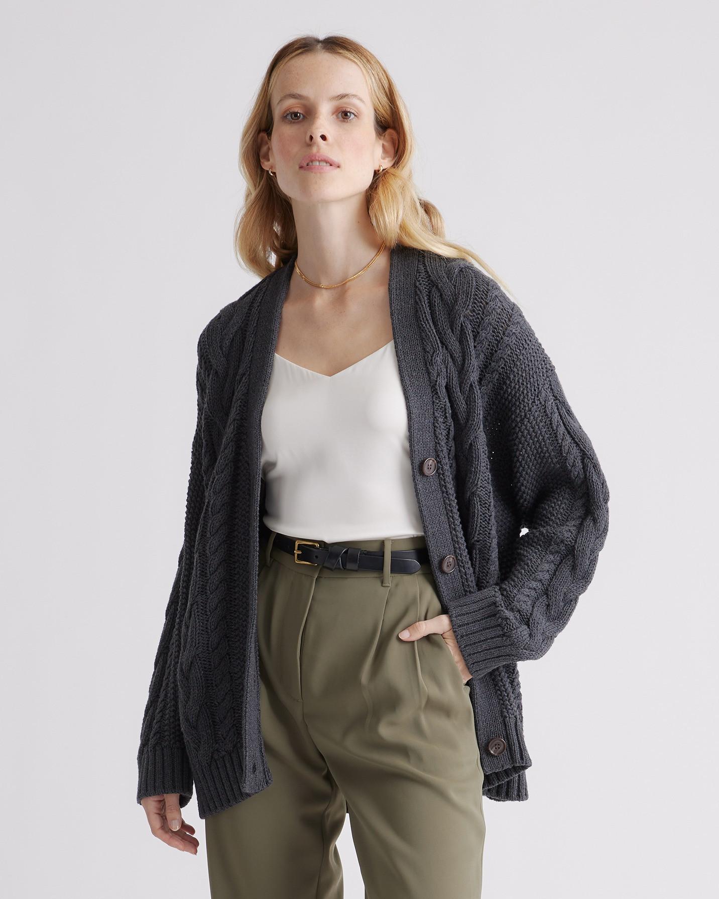 Quince | Women's OverSized Cable Cardigan Sweater in Charcoal, Size XS, Organic Cotton | Quince