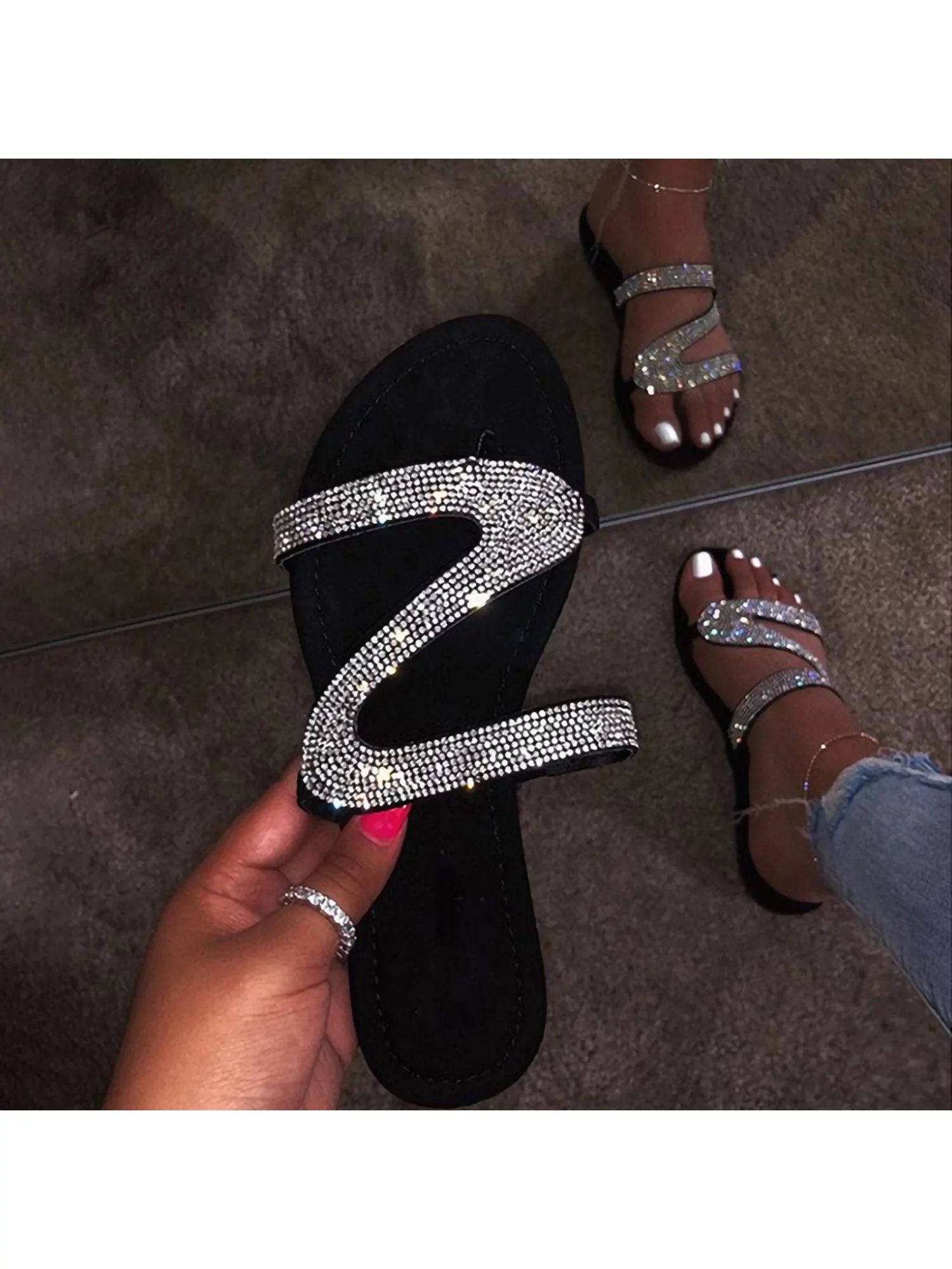Colisha Womens Ladies Flats Studs Diamante Fashion Sliders Sandals Holiday Slip On Mules | Walmart (US)