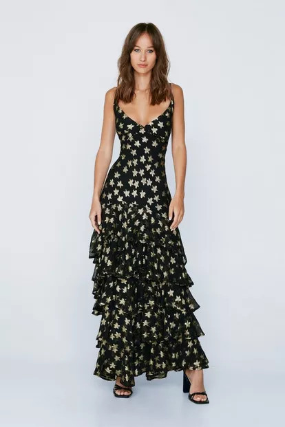 Petite Metallic Star Print Maxi Dress | Nasty Gal (US)