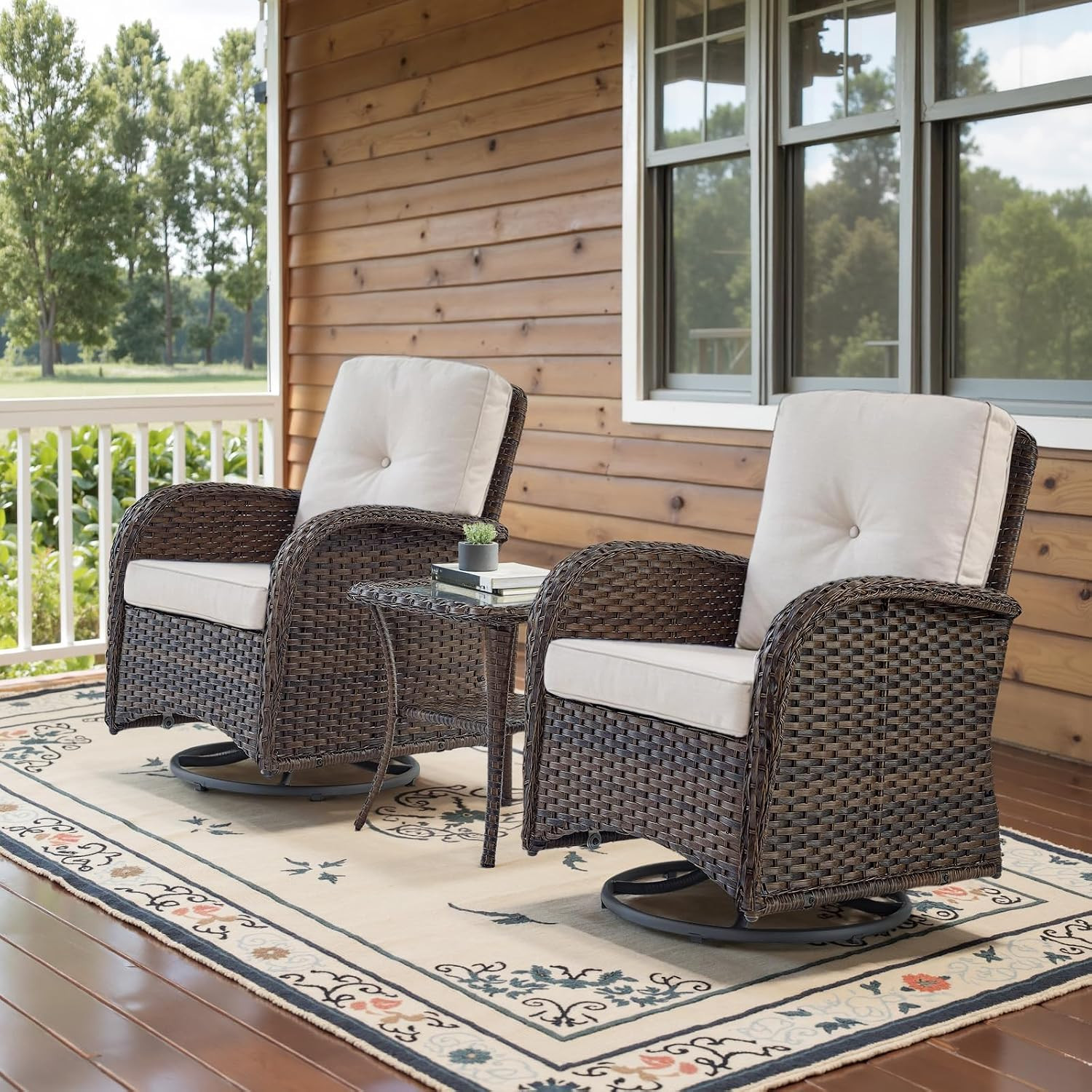Patio Wicker Chairs Swivel Rocker - Outdoor Swivel Rocking Chairs Set of 2 with Rattan Side Table, Patio Swivel Glider Chair 3 Piece Patio Furniture Sets for Deck Porch Pool Brown/Beige | Amazon (US)