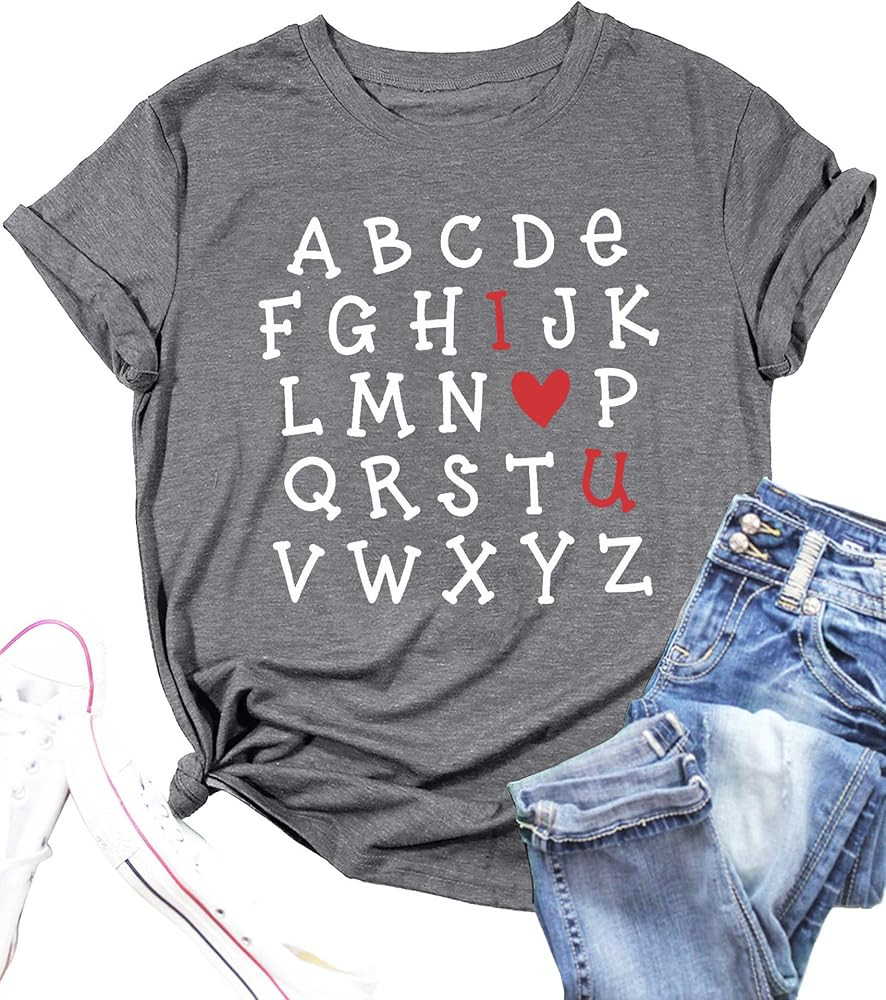 Valentine's Day Shirt Women Alphabet ABC I Love You Printed T-Shirts Teacher Valentine Shirt Tees... | Amazon (US)