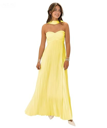Women Bridesmaid Dress with Scarf Strapless Pleated Flowy Formal Evening Gown Maxi Dresses,Yellow,L | Amazon (US)