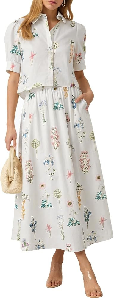 Tankaneo Womens 2 Piece Floral Skirt Sets Puff Sleeve Blouse and Elastic Waist Matching Set Vacat... | Amazon (US)