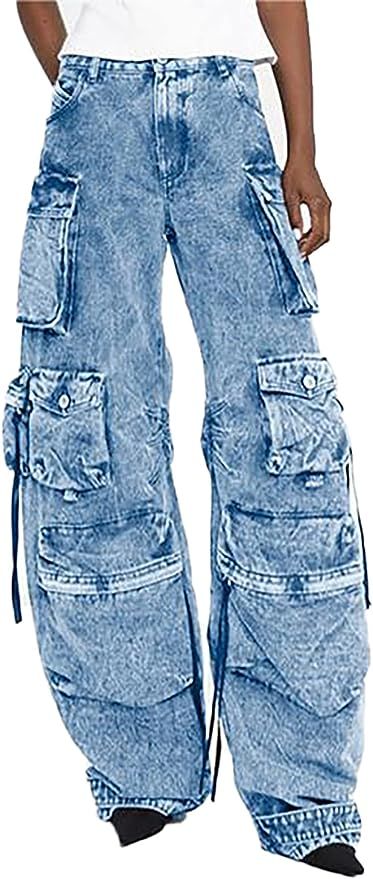 Vaceky Women's Cargo Jeans High Waisted Straight Leg Loose Long Denim Pants with Pockets | Amazon (US)