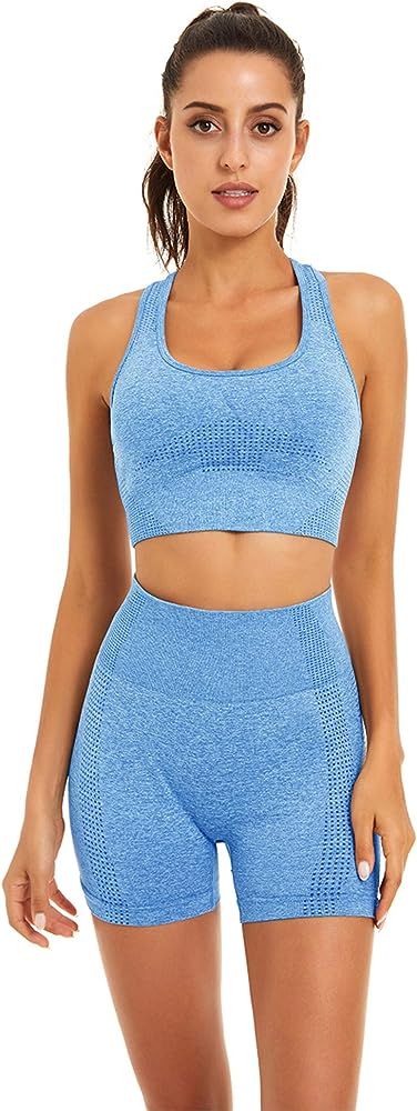 Women Seamless Yoga Workout Set 2 Piece Outfits Gym Shorts Sports Bra | Amazon (US)