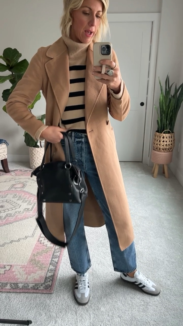 Classic winter jeans outfit w/ a cozy stripe sweater, strict leg jeans + sneakers & camel coat 

wearing size 27 jeans
Medium sweater
UK8 coat 

#LTKHoliday #LTKGiftGuide #LTKover40