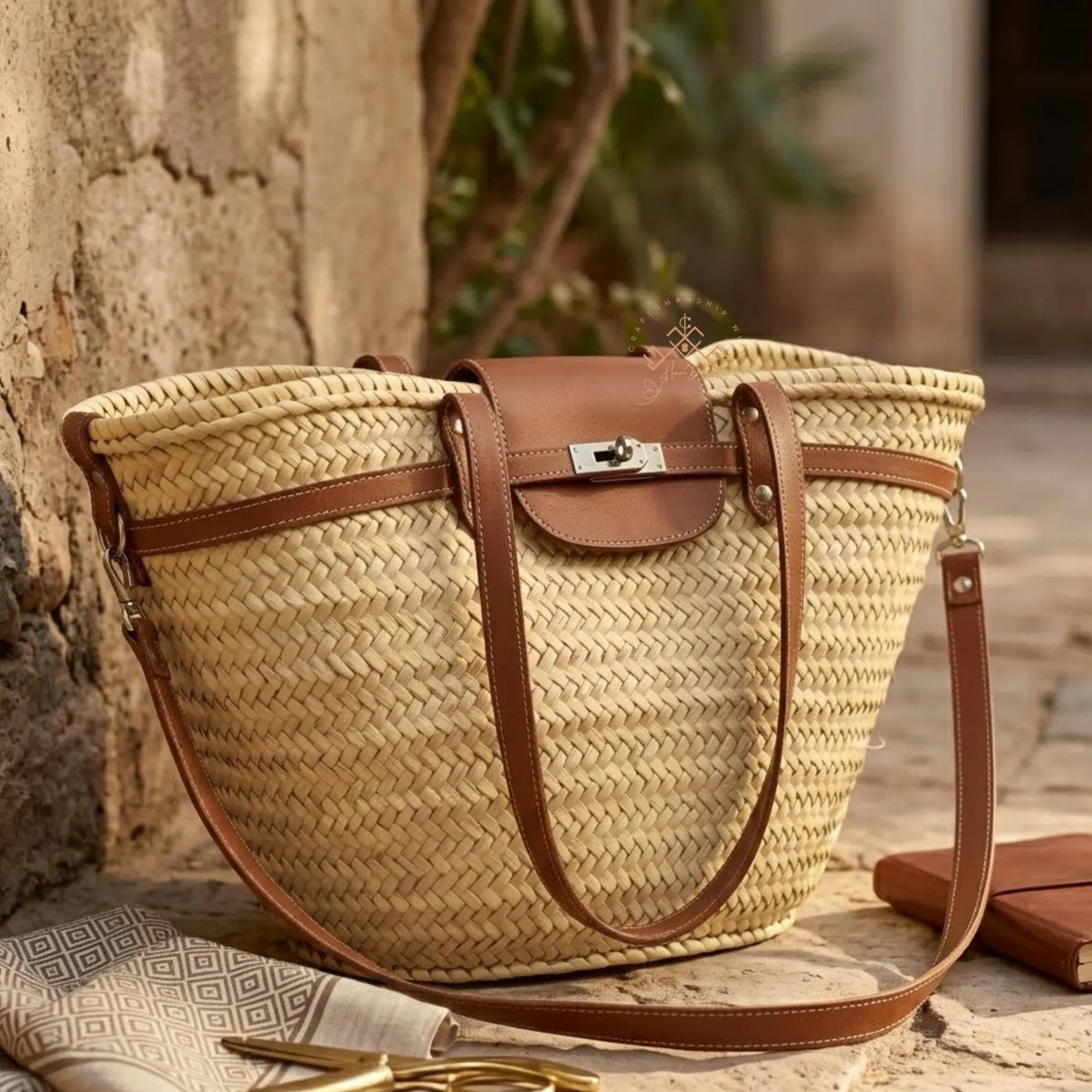 Brown Large Straw Basket Bag With Leather Straps, French Market Basket, Moroccan Palm Tote, Boho ... | Etsy (Global)