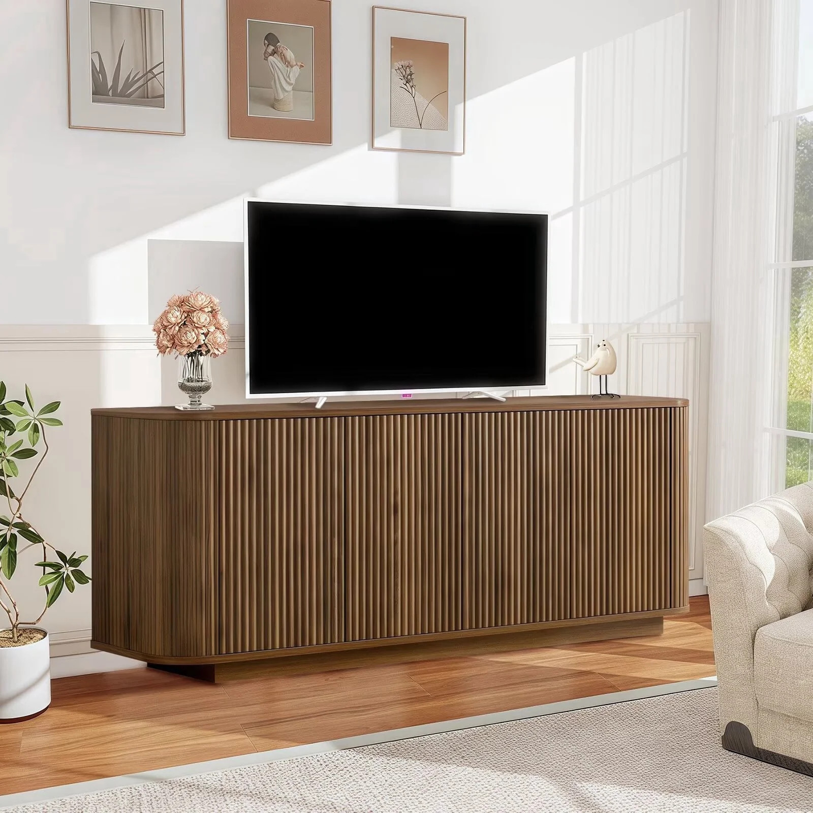 64" Walnut Sideboard Buffet Cabinet, Modern Wooden Fluted Sideboard Storage Cabinet with Adjustab... | Walmart (US)