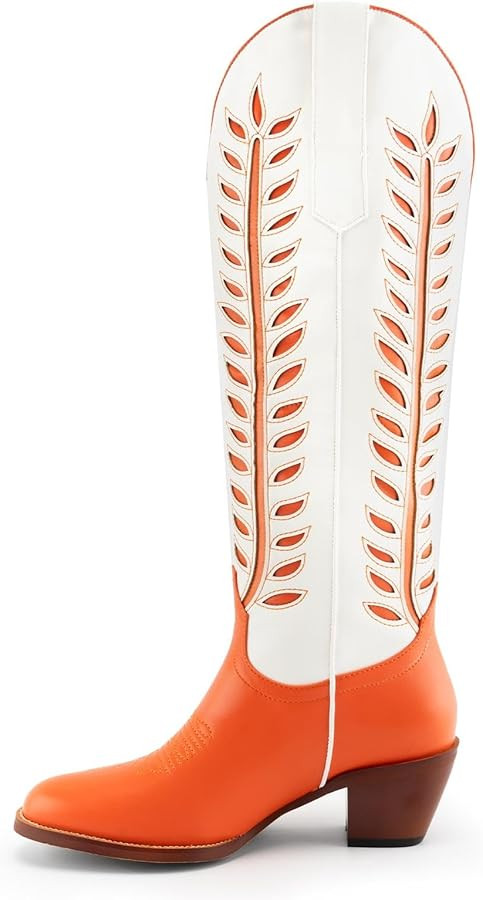 DREAMCIA Women's Knee High Boots Cowboy Boots for Women Wide Calf Chunky Heel Fashion Stylish Emb... | Amazon (US)