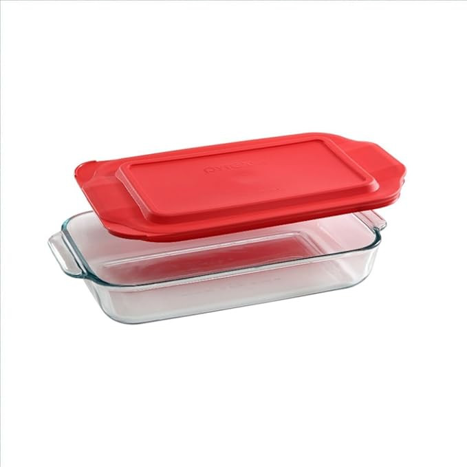 Pyrex Basics 2 Quart Glass Oblong Baking Dish with Red Plastic Lid - 7 inch x 11 Inch by Pyrex | Amazon (US)