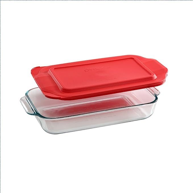 Pyrex Basics 2 Quart Glass Oblong Baking Dish with Red Plastic Lid - 7 inch x 11 Inch by Pyrex | Amazon (US)