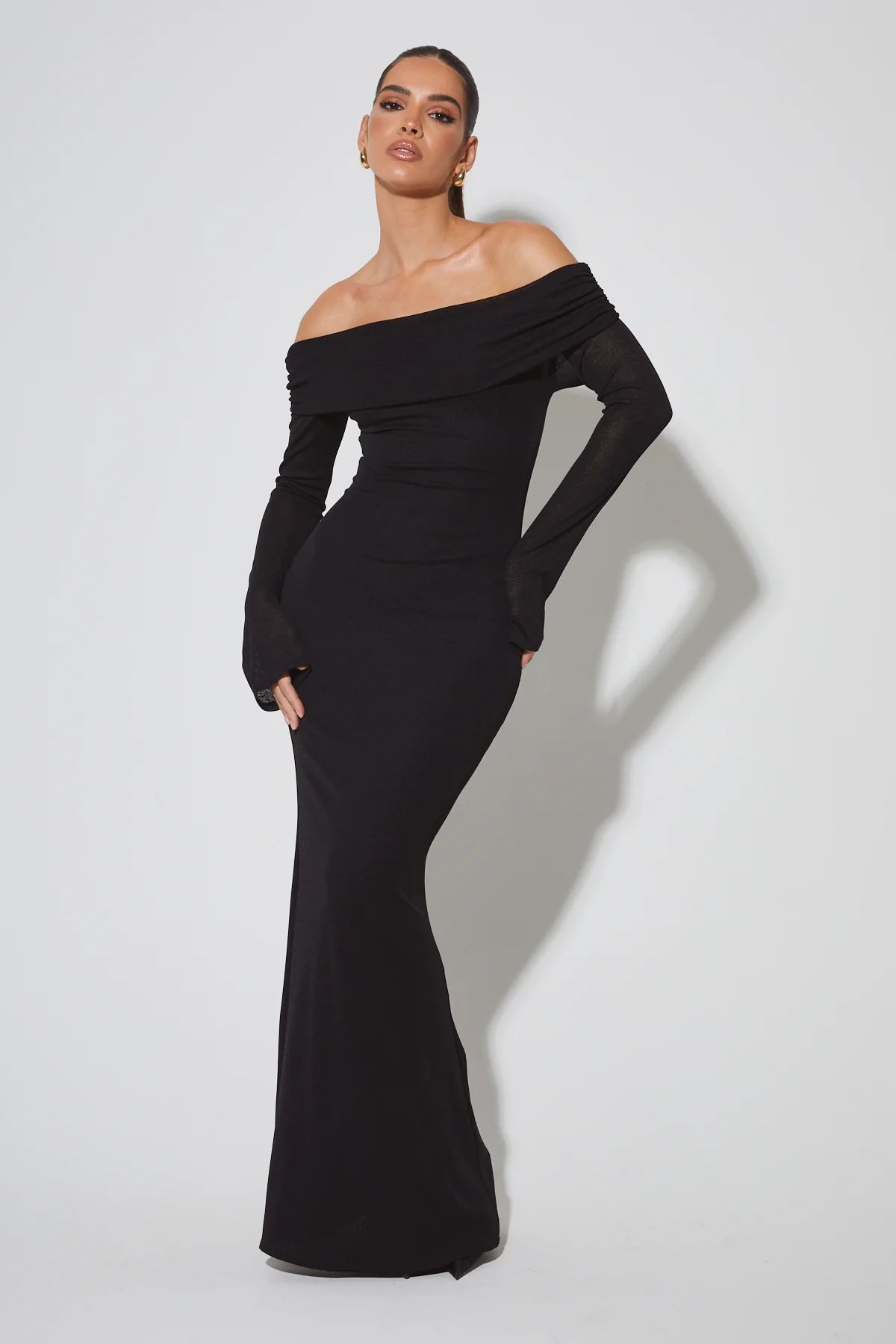 EVALINA Black Bardot Maxi Dress | Noughts and Kisses