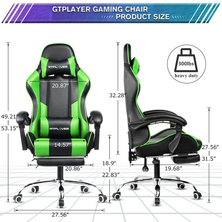 Gtplayer Gaming Chair with Footrest and Ergonomic Lumbar Massage Pillow, Green | Walmart (US)