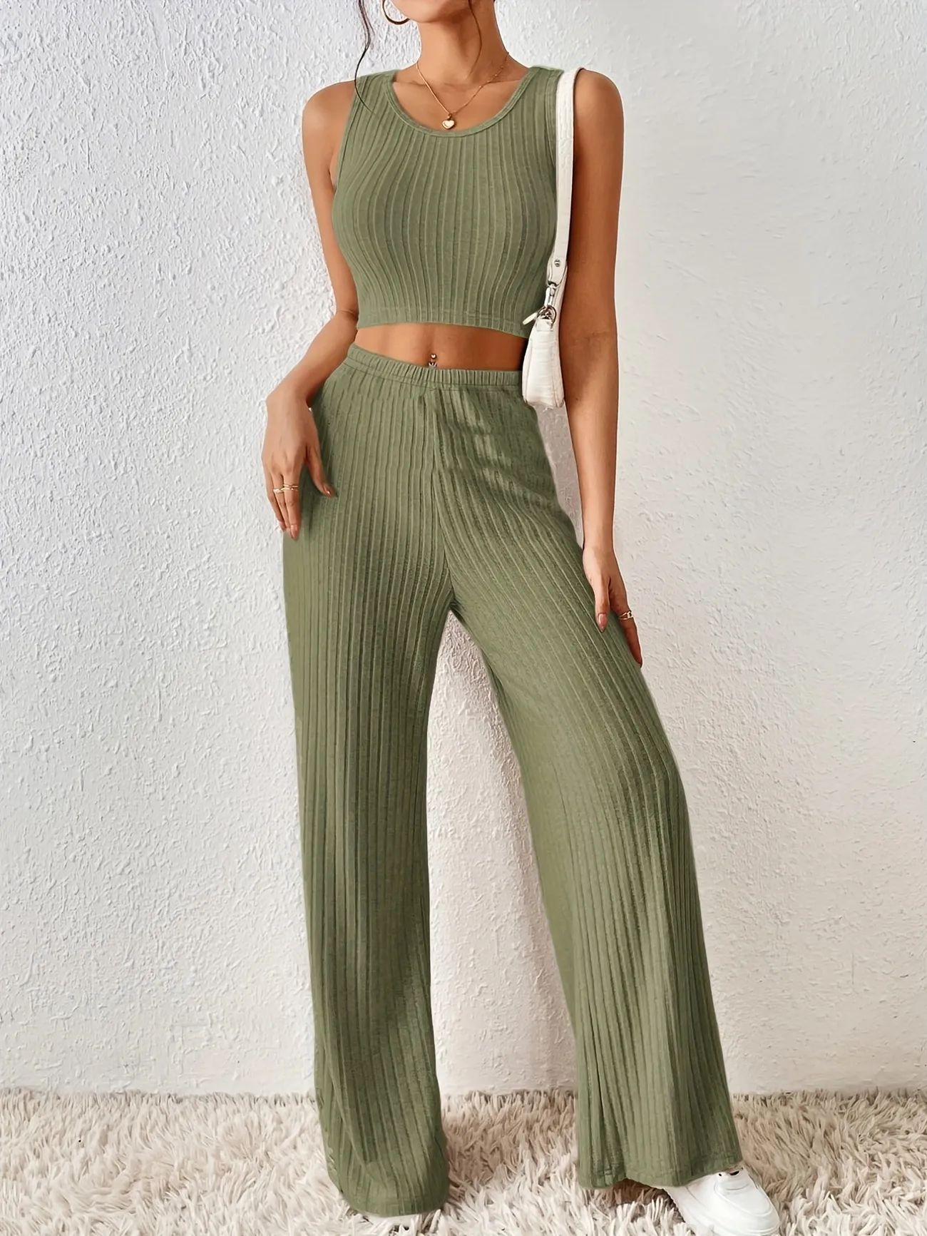 Solid Ribbed Two Piece Set Sleeveless Crop Tank Top Wide Leg Pants Outfits Womens Clothing | Quic... | Temu Affiliate Program