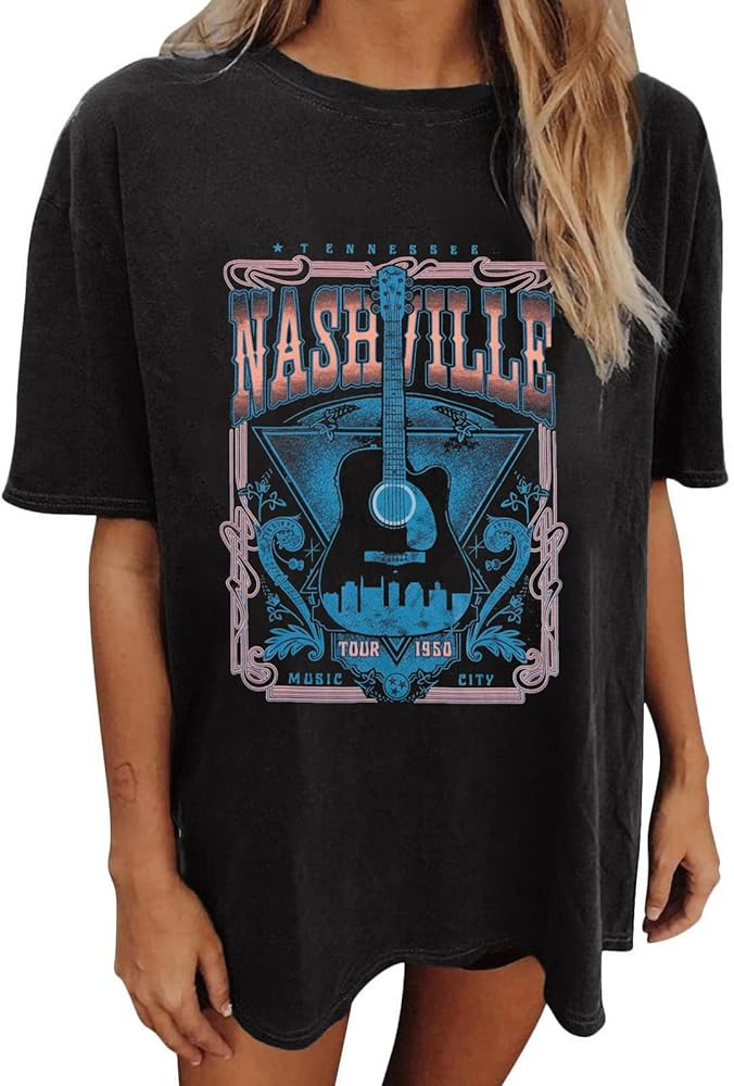 Oversized Rock Band T-Shirt Women Country Music Shirt Tops Nashville Music City Tshirt Vintage Gu... | Amazon (US)