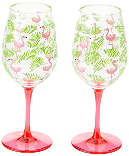 X&O Paper Goods Tropical Pink Flamingo and Palm Leaf Plastic Wine Glass Set, 2pcs, 16 oz., 3.5'' W x | Amazon (US)