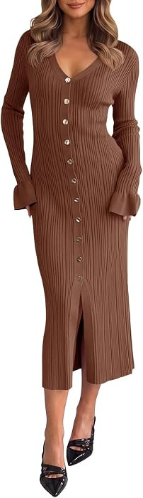 Saodimallsu Womens V Neck Sweater Dress Button Up Ruffle Sexy Midi Dresses | Amazon (US)