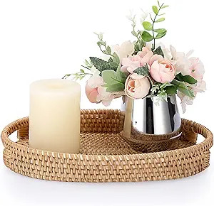 Hipiwe Basket Serving Tray with Handle Handwoven Rattan Wicker Basket Tray Organizer Fruit Bread ... | Amazon (US)