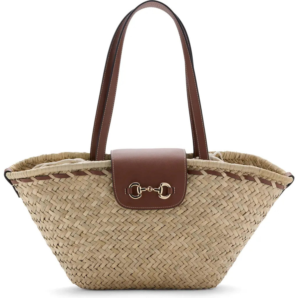 MANGO Medium Natural Fiber Shoulder Bag in Natural/Leather at Nordstrom | Nordstrom