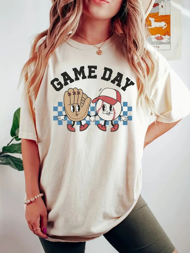 Game Day Print Crew Neck T shirt Casual Short Sleeve Top - Temu | Temu Affiliate Program