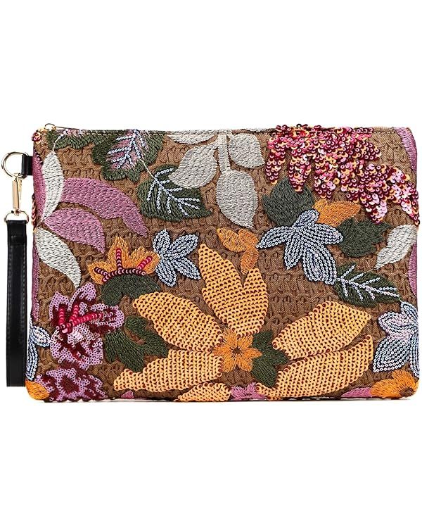 ER.Roulour Summer Straw Bag for Women Floral Embroidery Straw Clutch Purse Woven Wristlet For Bea... | Amazon (US)