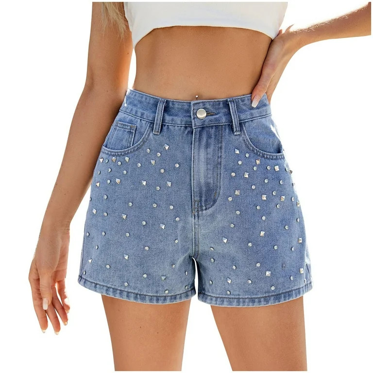 Taqqpue High Waisted Stretchy Jean Shorts for Women,Casual Rhinestone Denim Summer Studded Shorts... | Walmart (US)