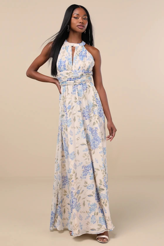 Sintra Beige and Blue Floral Pleated Backless Maxi Dress | Lulus