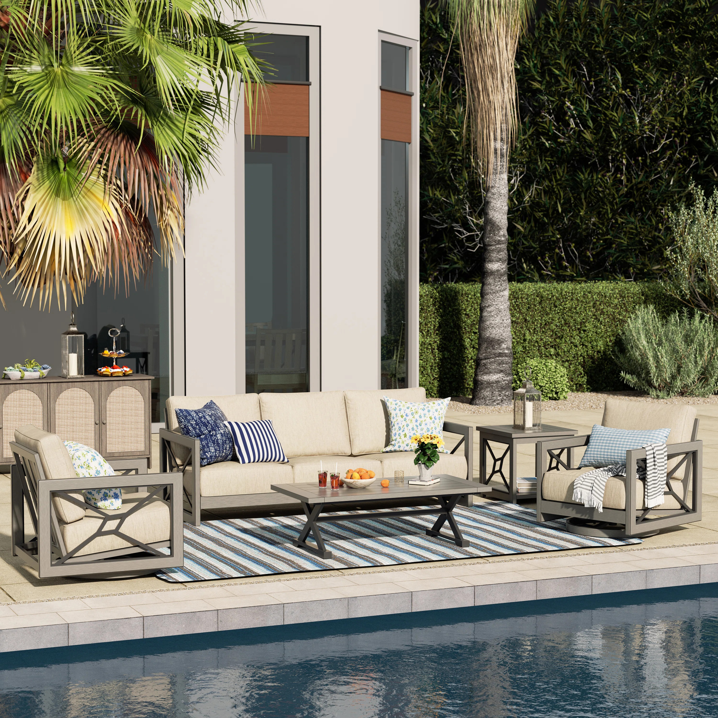 Marindo 5 Person Aluminum Swivel Patio Conversation Sofa Seating Group with Sunbrella® Cushions | Wayfair North America