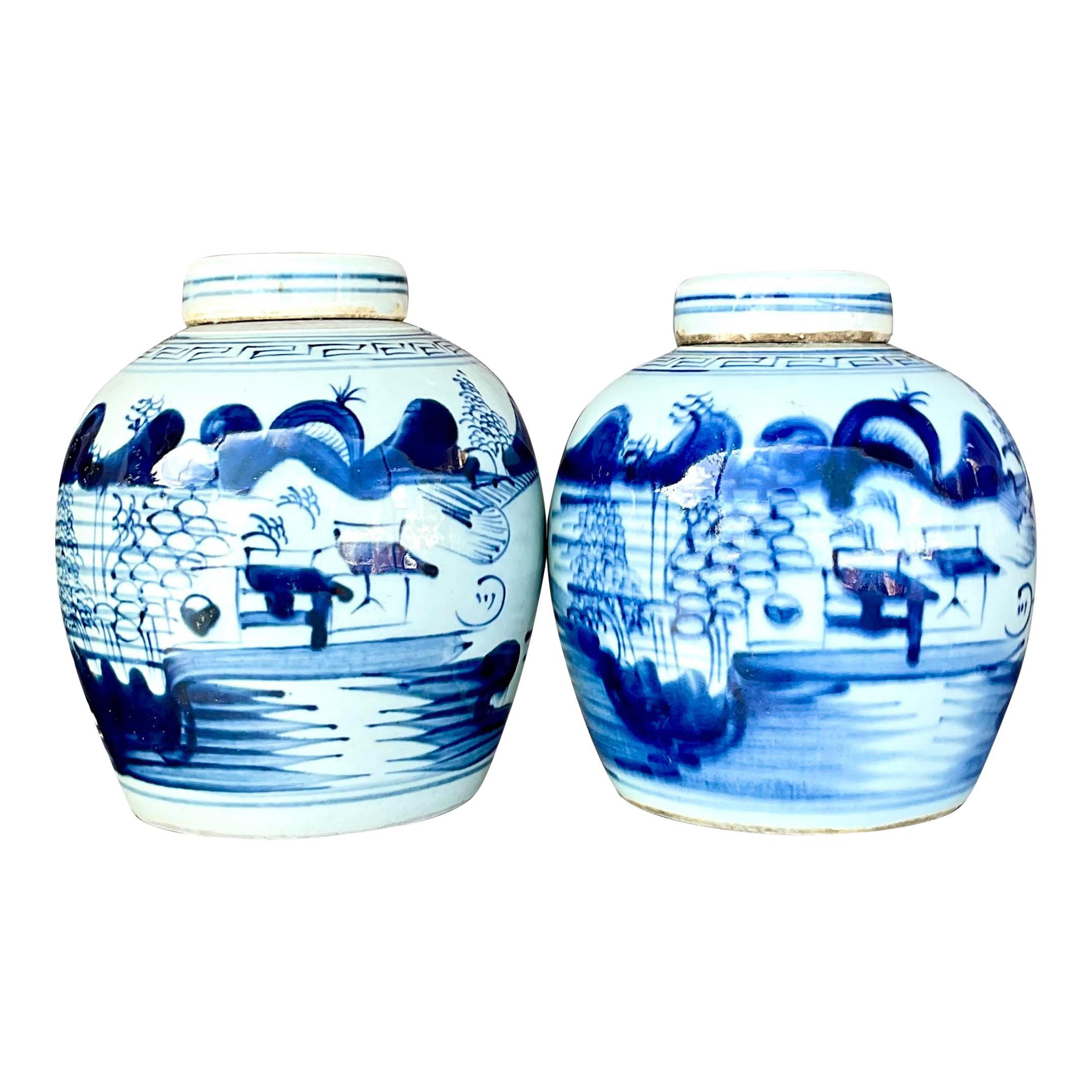 Vintage Asian Petite Blue and White Lidded Jars - Set of 2 | 1stDibs