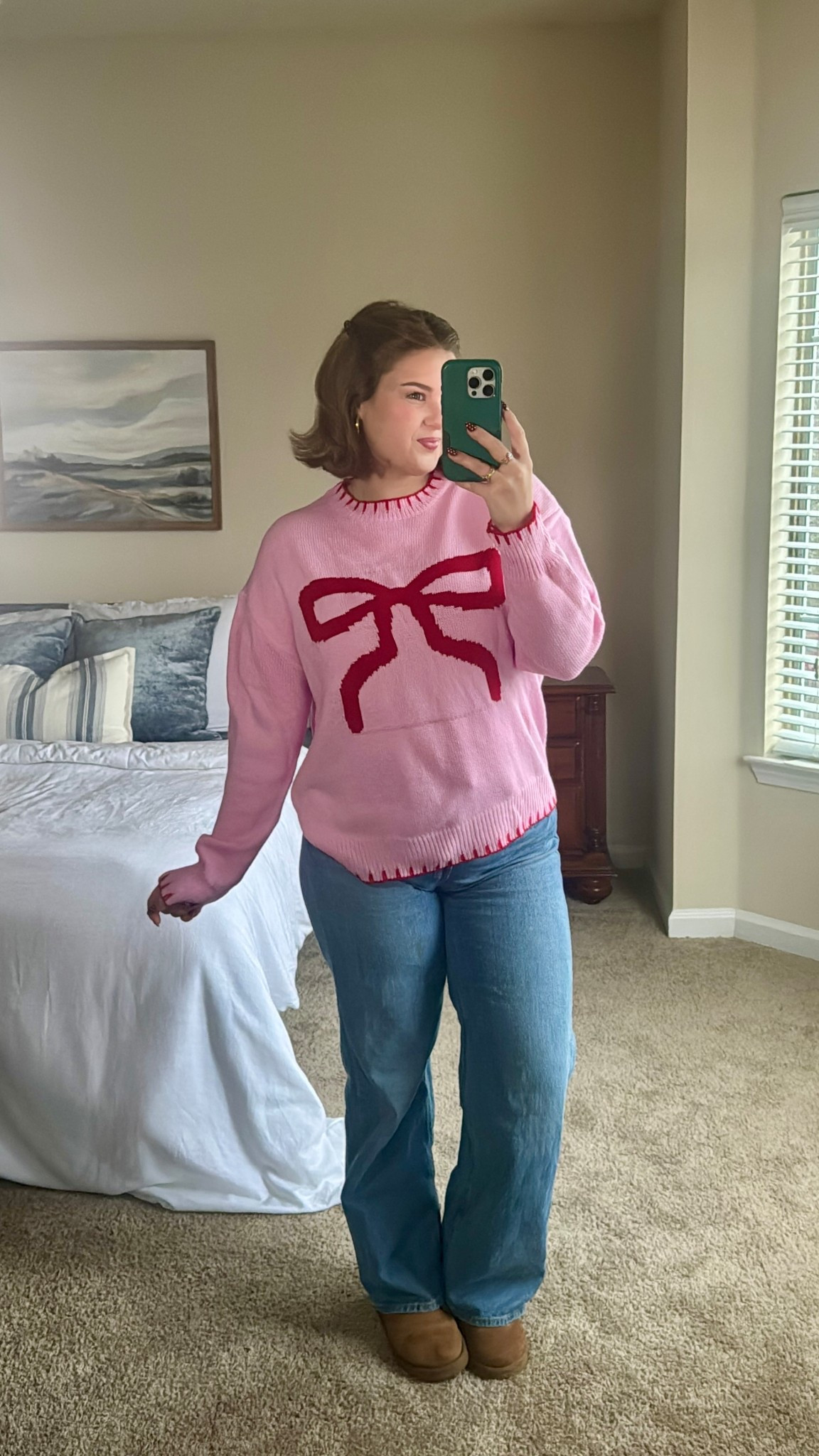 Sweater: L
Jeans: 6 petite
Petite, midsize, 5’2, 160 lb
Cute Amazon sweater, holiday bow sweater, ugly Christmas sweater, red pink Christmas bow sweater, Amazon finds, Amazon Christmas, Amazon holiday, holiday outfit, inspiration, Christmas party in

#LTKHoliday #LTKootd #LTKSaleAlert