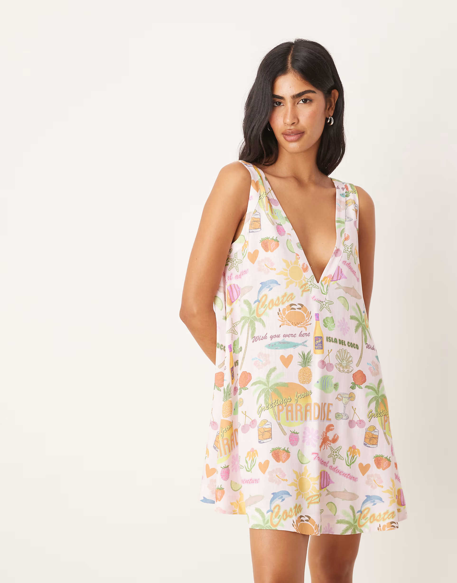 ASOS DESIGN deep v shift dress in tropical print | ASOS (Global)