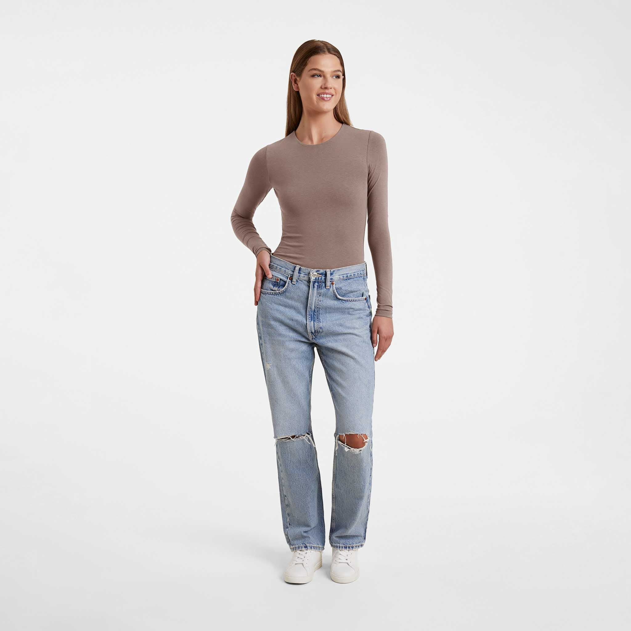 Cotton Stretch Long Sleeve Crewneck Bodysuit | Mocha | Nuuds US