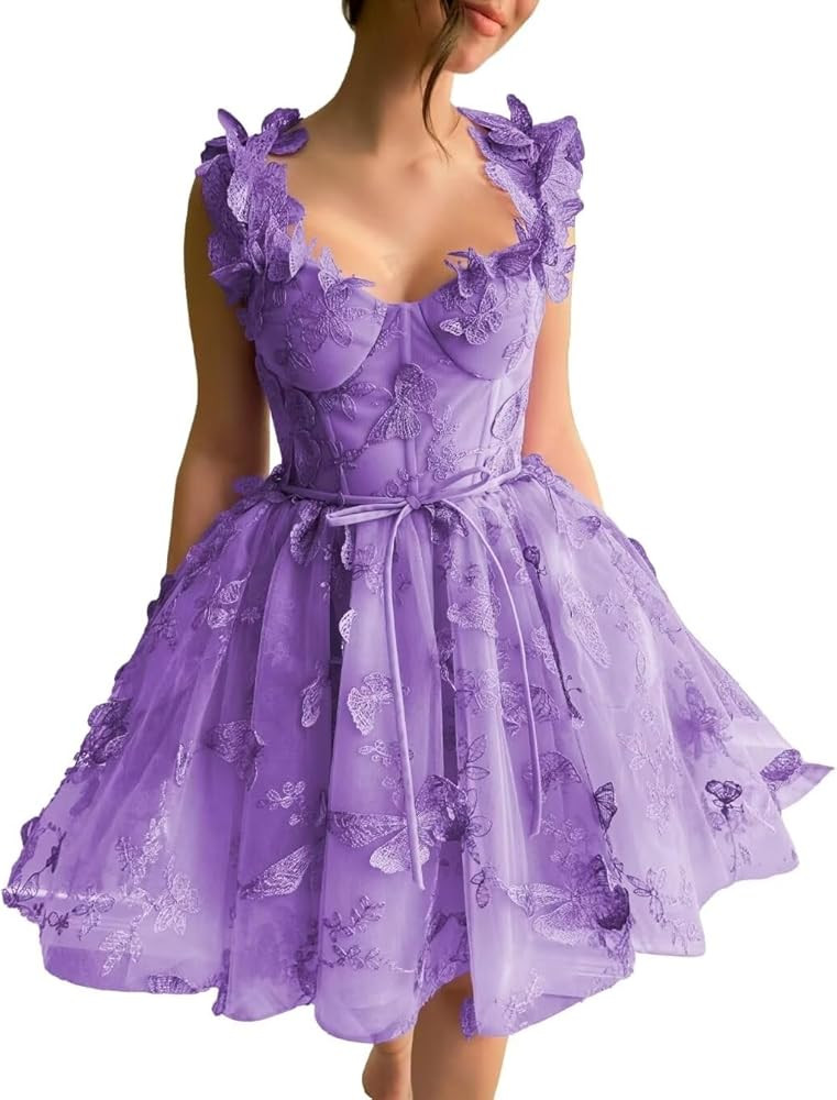 3D Butterfly Tulle Homecoming Dresses for Teens A-Line Short Prom Cocktail Dress | Amazon (US)