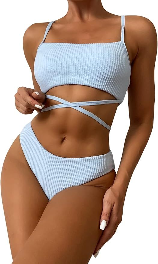 Milumia Women Cute Criss Cross Tie Back Bikini Swimsuit Solid Ribbed Bathing Suit | Amazon (US)