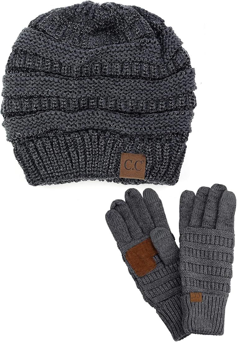 C.C Unisex Soft Stretch Cable Knit Beanie and Anti-Slip Touchscreen Gloves 2 Pc Set 2 Pc Set | Amazon (US)