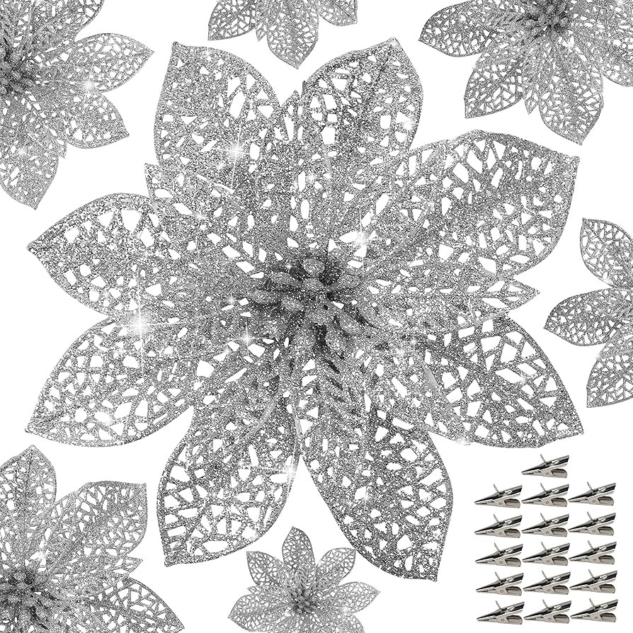 16 Pcs Silver Christmas Tree Decorations With Clips,Glitter Poinsettia Christmas Tree Picks,Poins... | Amazon (US)