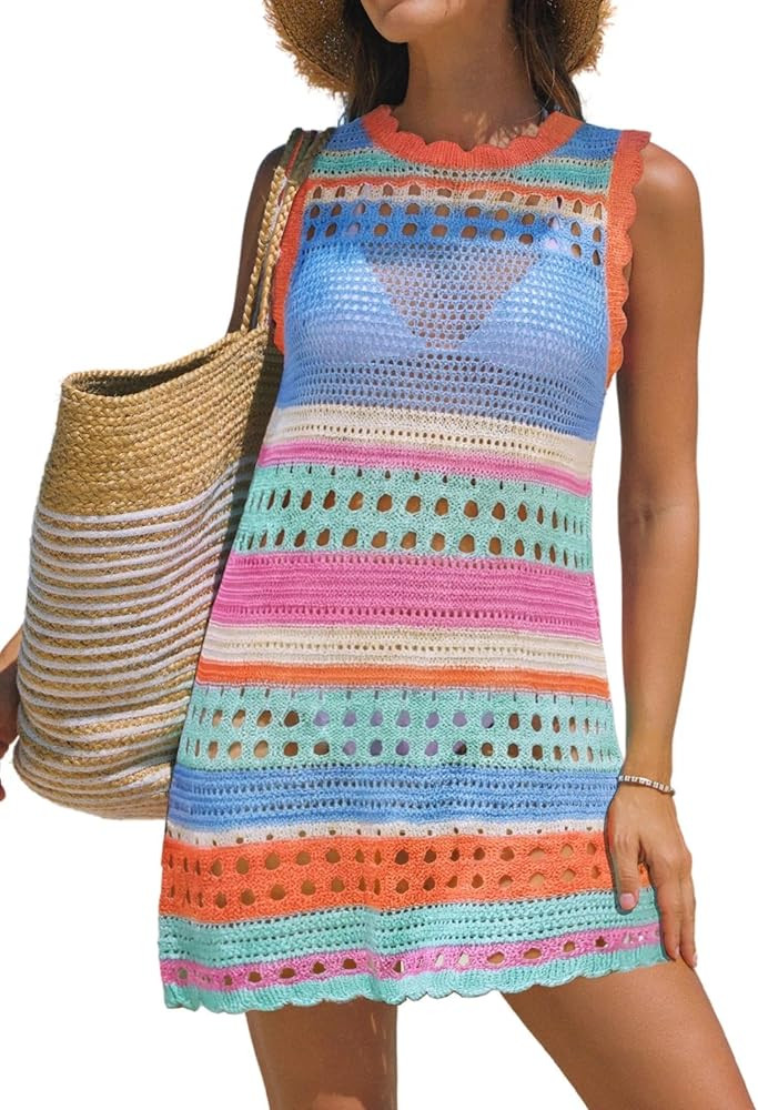 popvil Women\u2019s Swimsuit Crochet Cover Up Sleeveless Color Block Knit Bathing Suit Swimwear w... | Amazon (US)