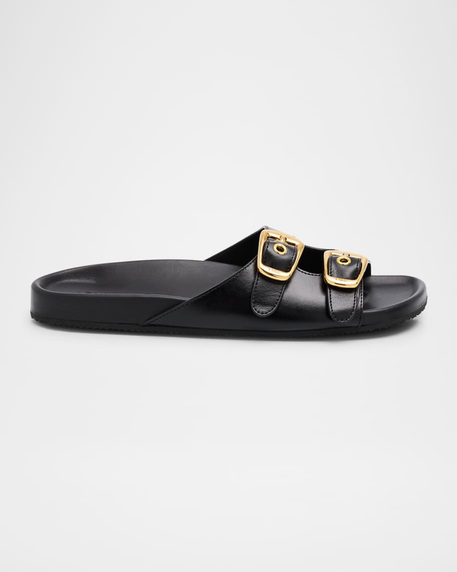 Chloe Polly Leather Double-Buckle Slide Sandals | Neiman Marcus