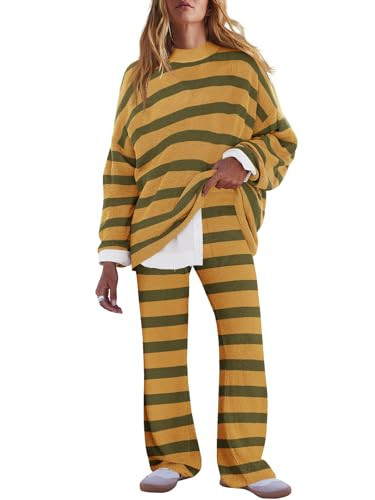 LAMISSCHE Oversized Womens Lounge Set Striped Sweater Set Long Sleeve 2 Piece Pajama Set Top and Pants with Pockets(Yellow&Green,S) | Amazon (US)