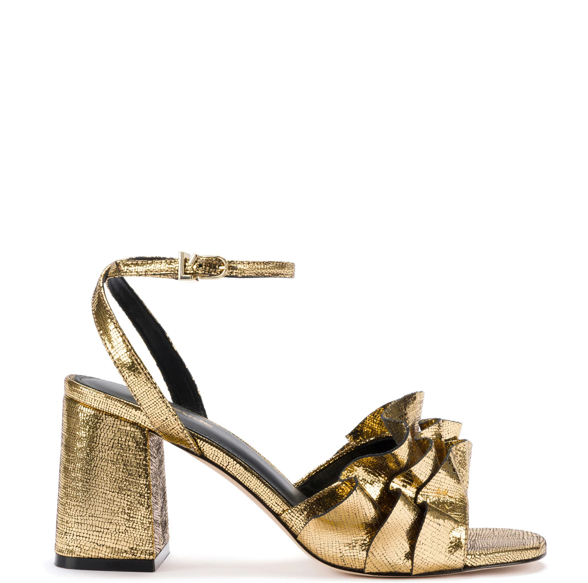 Selena Ruffle Sandal In Gold Cracked Metallic Leather | Larroude