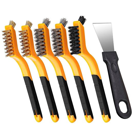 6 Pcs Premium Wire Brush Set, Brass/Nylon/Steel Brushes with Curved Handle, Cleaning Spatula, Rem... | Amazon (US)