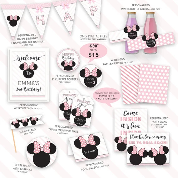 Minnie Mouse Birthday Package, Minnie Mouse Party Decorations, Minnie Mouse Party Printables, Gir... | Etsy (US)