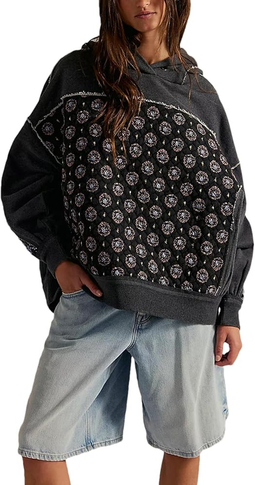 Zontroldy Women's Oversized Hoodies Patchwork Embroidered Long Sleeve Hooded Sweatshirts Pullover... | Amazon (US)