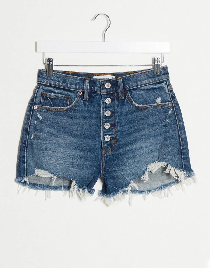 Abercrombie & Fitch exposed button high waisted denim short in mid blue | ASOS (Global)