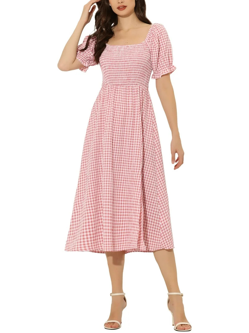 INSPIRE CHIC Women's Midi Dress Puff Short Sleeves Smocked Checks Gingham Dresses M Watermelon Pi... | Walmart (US)