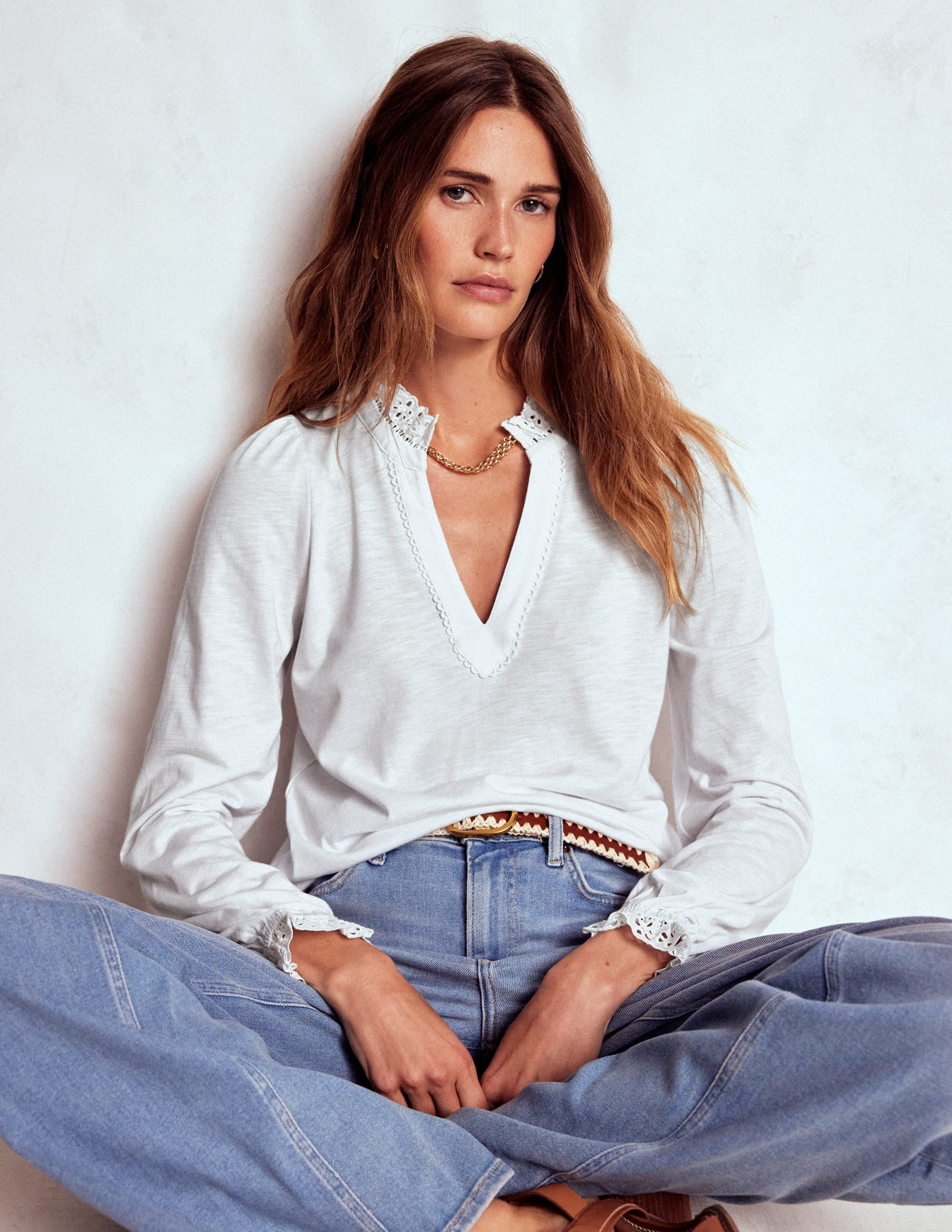 Aria Broderie Notch Neck Top-White | Boden (US)